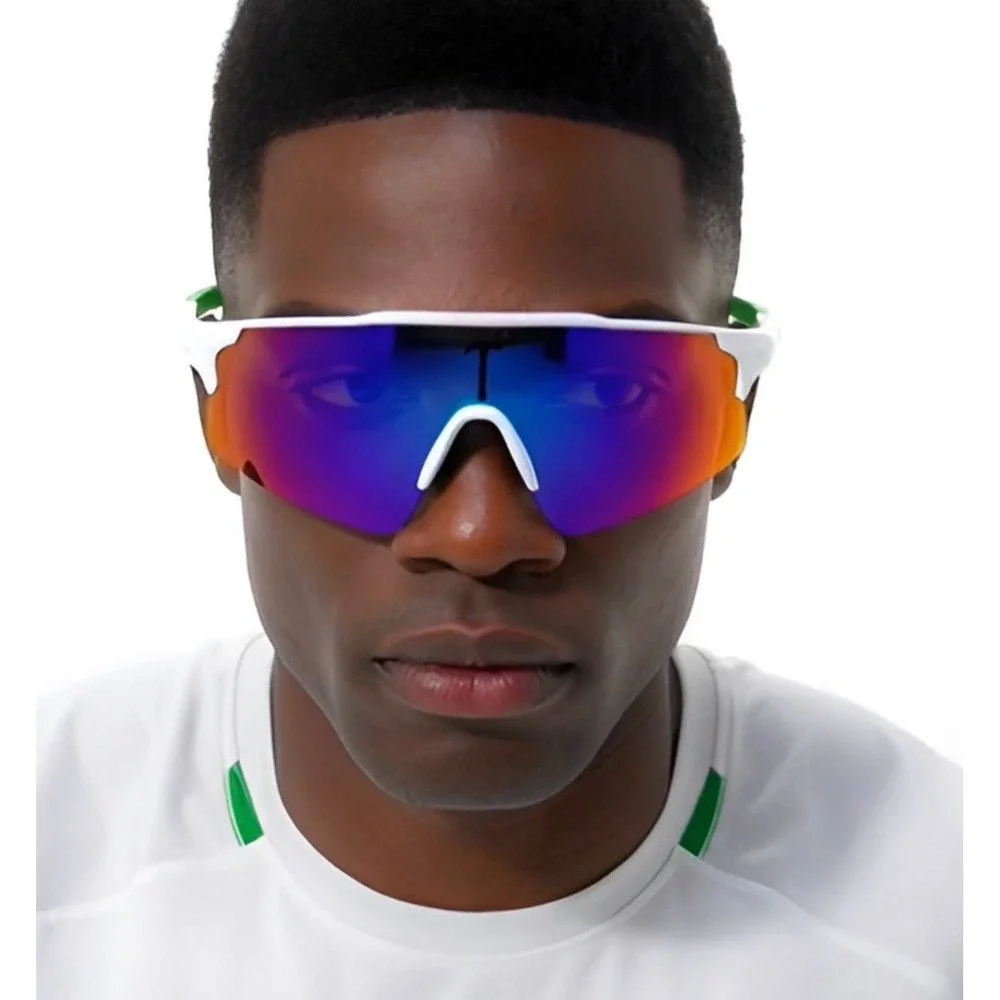 Sport Sunglasses Cycling Running Glasses UV Protection White Frame Blue Mirror‎